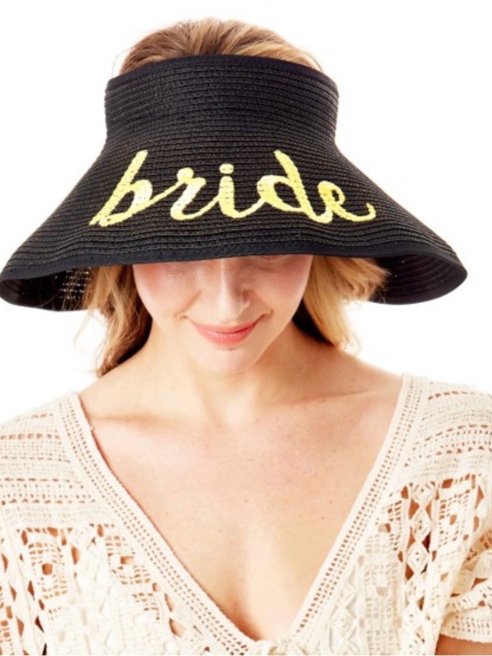 Bride Straw Roll Up Sun Visor with Bow on Back